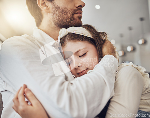 Image of Love, hug or father with a girl to relax as a family bonding in Australia with trust, childcare or safety. Hugging, sleeping or dad with calm kid enjoying quality time on a peaceful holiday at home