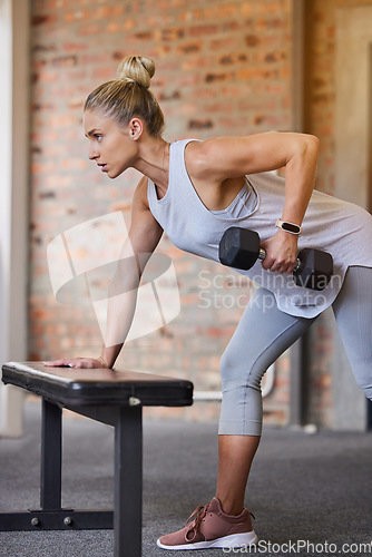 Image of Bodybuilder goal, dumbbell focus and woman in gym for training, sports and exercise wellness. Thinking, sport strong and athlete with weights for fitness and health workout performance for muscle