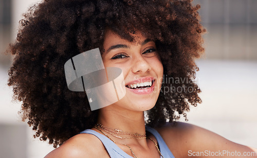 Image of Beauty, smile and portrait of a happy black woman with an afro with a positive, good and optimistic mindset. Happiness, excited and face of beautiful African female smiling with natural healthy hair.