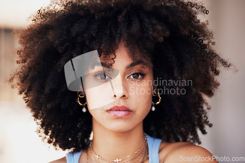 Image of Black woman, face with beauty portrait and fashion, makeup and jewellery, afro hair and street style outdoor in New York. Cosmetic care, beautiful African American person with confidence in city