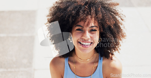 Image of Portrait, black woman and smile in city, sunshine and girl on break, town and casual with happiness. Afro, African American female and face outside, happy and weekend to relax, carefree and freedom