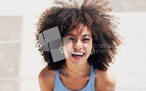 Image of Black woman, happy in portrait with fashion and beauty outdoor, street style with natural hair, makeup and jewelry. Freedom, happiness and mockup with afro, person in Cape Town with mindset and glow