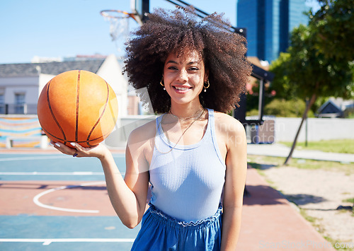 Image of Fashion, basketball court and portrait of black woman with smile in cool outfit, urban style and edgy clothes in city. Sports, fitness and face of girl outdoors with ball happy, confident and trendy