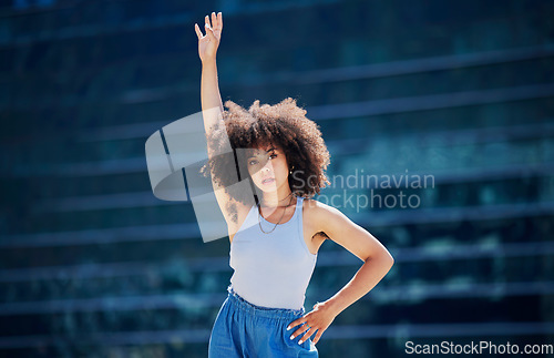 Image of Black woman, stretching arms and fitness portrait outdoor with focus, commitment and mindset. Young gen z girl, urban athlete and training with motivation, wellness and healthy strong body for goals