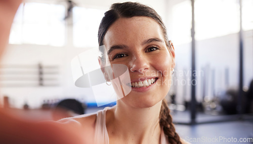 Image of Woman, face and smile in gym selfie with fitness, happy and healthy with mockup space and sport motivation. Portrait, happiness in picture and wellness with health and active lifestyle with sports