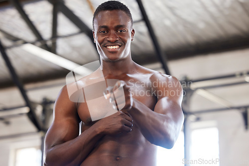 Image of Portrait, muscular and black man pointing, motivation and guy with happiness, focus and determined with endurance. Face, male athlete and bodybuilder with inspiration, Ghana and training for fitness