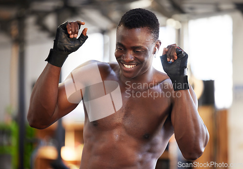 Image of Fitness, man and dance for gym, success and body goal victory for training on blurred background. Happy, guy and dancing celebration after workout for performance, exercise and kickboxing milestone