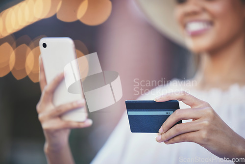 Image of Woman, hands and phone with credit card for online shopping, ecommerce or purchase in the city. Hand of happy female shopper holding smartphone for internet banking app, 5G connection or transaction