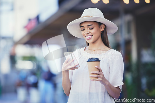 Image of Woman, phone and coffee in city for communication, travel and 5g network connection. Fashion person outdoor on urban journey, taxi contact or social media with smartphone for online shopping payment