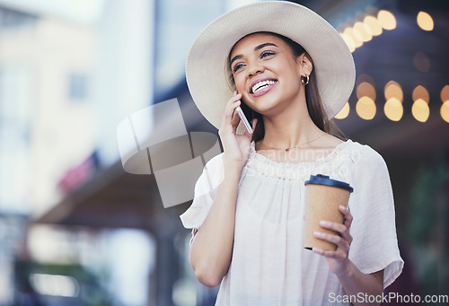 Image of Woman, phone call and coffee on a city road for communication, travel and 5g network. Happy fashion hat person outdoor for urban journey, contact or conversation with smartphone and bokeh mockup