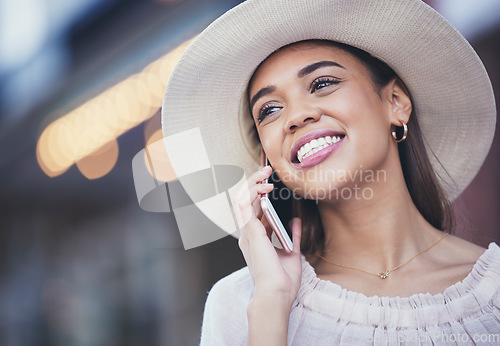 Image of Woman, phone call and happy face while outdoor in city for communication, travel and 5g network. Young person with smile and smartphone for urban journey, contact or conversation with fashion mockup