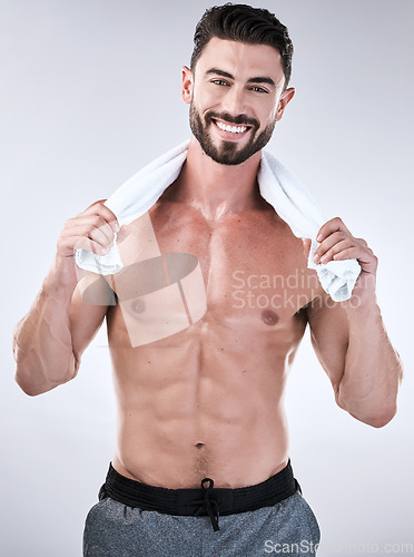 Image of Fitness, portrait and beauty man isolated on a white background in exercise, aesthetic and muscle goals. Sweat, sexy bodybuilder or sports person health, wellness and stomach, abs or workout success