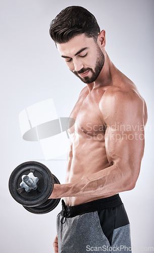 Image of Fitness, power or strong man with a dumbbell in training, exercise or gym workout for body goals. Sports motivation, focus or healthy bodybuilder weightlifting for biceps growth isolated in studio