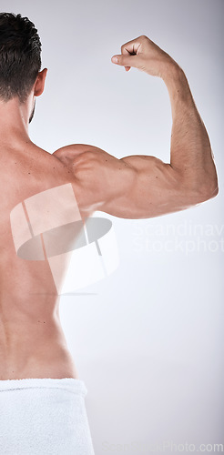 Image of Fitness, health or strong man flexing muscle after exercise, training or gym workout for body goals. Sports motivation, back view or healthy bodybuilder athlete with biceps muscles isolated in studio