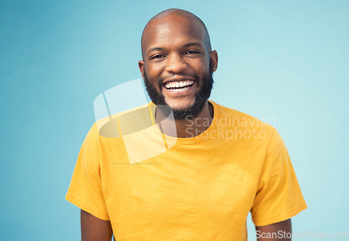 Image of Black man, portrait or laughing on blue background, isolated mockup or wall mock up at comic, funny or comedy joke. Smile, happy face or student in trendy, cool or stylish fashion clothes on backdrop