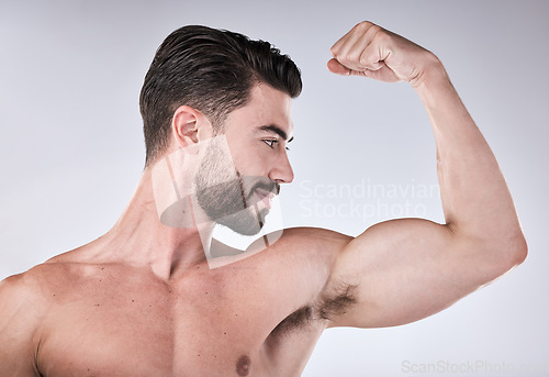 Image of Arm muscle, strong man and body, face profile with health and fitness, muscular person isolated on studio background. Skin, bodybuilder and biceps, wellness and weightlifting exercise and growth