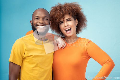 Image of Couple, portrait or happy bonding on blue background, isolated comic mockup or wall mock up. Smile, black man or afro interracial woman and stylish, trendy or cool fashion clothes for relax urban fun