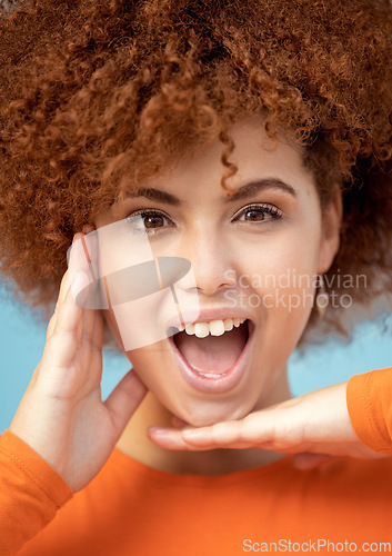 Image of Wow, surprise and portrait of a woman with hands for frame isolated on a blue background. Smile, crazy and face of an African girl with a comic facial expression, excited and funny on a backdrop