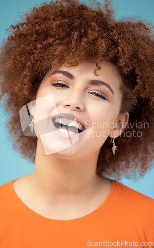 Image of Portrait, black woman and smile for achievement, celebration and confident girl on blue studio background. Face, happy African American female and lady with happiness, joyful or cheerful with success