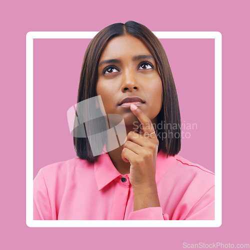 Image of Confused, thinking and woman in studio on mockup, space and advertising on pink background. Unsure, doubt and indian girl contemplating, pensive and emoji gesture while standing in box frame isolated