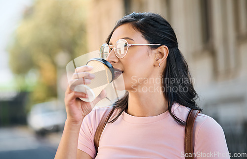 Image of Mockup, coffee and woman in a city for travel, holiday and vacation on blurred background. Tea, girl and student traveller relax downtown for fun, break and exploring urban street, calm and content