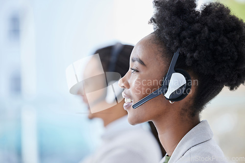 Image of Call center, black woman and crm, telemarketing and customer service in office on blurred background. Faq, consulting and girl with online support, help and advice, contact us and friendly service