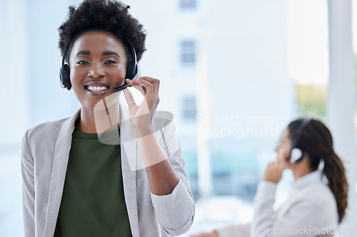 Image of Call center, portrait and black woman in office for crm, telemarketing and customer service on blurred background. Face, lady or manager consulting for faq, about us or online support, help or advice