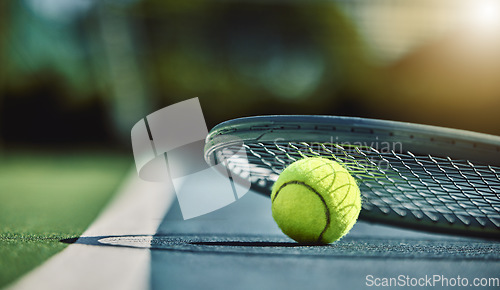 Image of Tennis ball, racket and court ground with mockup space, blurred background or outdoor sunshine. Summer, sports equipment and mock up for training, fitness and exercise at game, contest or competition