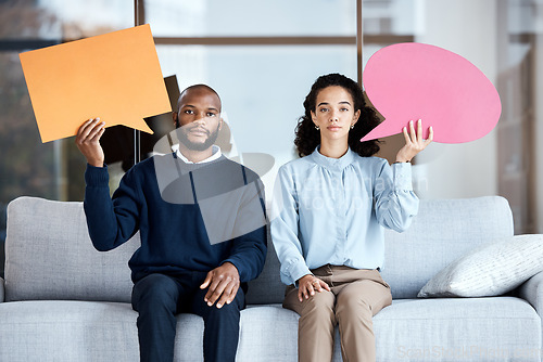 Image of Black man, woman and speech bubble with space on sofa for opinion, idea or advice in portrait together for therapy. Psychology consultation, couch and poster for mock up, communication and support