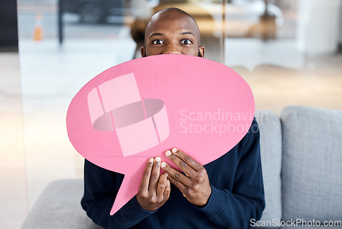 Image of Portrait surprise, wow and black man with speech bubble for social media, vote or review. Mockup, shocked and male employee with chat sign for opinion, mock up or advertising, marketing or feedback.