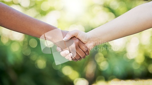 Image of Handshake, meeting and people shaking hands for success collaboration, teamwork and partnership at outdoor park. Diversity, nature or thank you for onboarding, welcome and support or trust in deal.