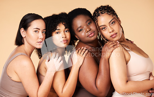 Image of Skin care, diversity and portrait of women group together for inclusion, natural beauty and power. Body positive friends or real people on beige background for support, makeup and plus size self love