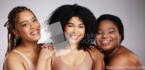 Image of Women, diversity and studio portrait for inclusion, body positive friends and natural skincare beauty. Model, group and black woman for cosmetics, makeup and wellness with skin health by background
