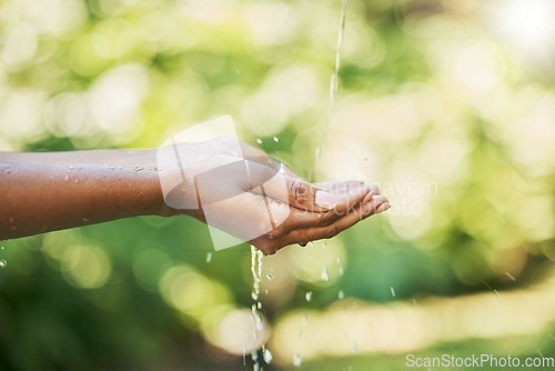 Image of Hands, water and sustainability or cleaning for hydration, wash or hygiene in care, splash and wellness in nature. Hand of person washing in clean natural aqua liquid to prevent germs or remove dirt