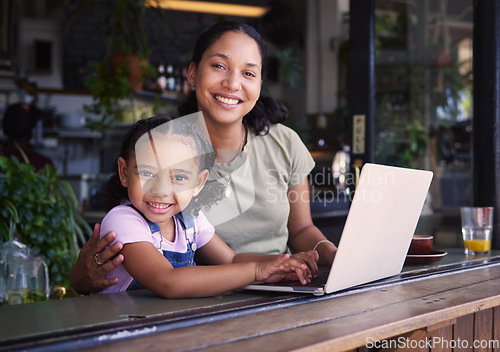 Image of Portrait, black family in cafe and laptop for communication, weekend break and connection. Love, mother and daughter in coffee shop, search internet or website for online reading and bonding together