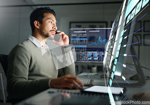 Image of Dashboard, stock market hologram or man on a phone call talking about trading data or investment stocks. Future overlay or trader on digital ui or ux on fintech software for financial growth at night