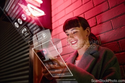 Image of Interface, night and woman typing on a phone in city for social media, internet and online search. 5g, connection and girl with a smile for a mobile with a digital dashboard for the web in the dark