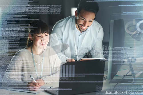 Image of Information technology, overlay and team on laptop for digital marketing, programming and coding. Networking, web design and man and woman working online for ux, user interface and tech development