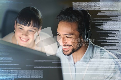 Image of Man, woman and pc in night with overlay, smile and coaching for tech support, data analytics and web ux. Teamwork, learning and crm training with 3d hologram for collaboration, typing and innovation