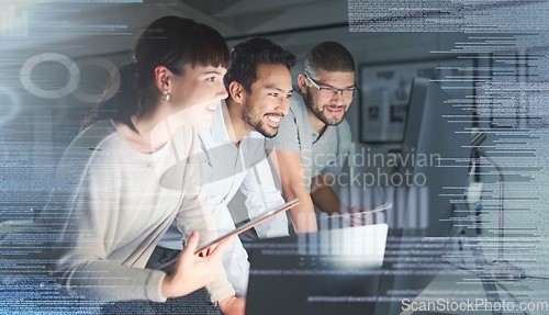Image of Business people, coding group and information technology with computer screen, programming and software development. Code overlay, futuristic and collaboration, meeting with programmer team in office