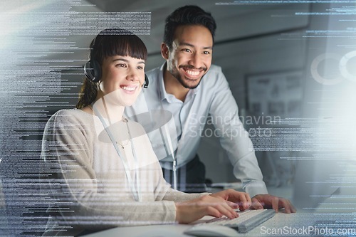 Image of Call center, overlay and team on computer for customer support, telemarketing and crm network. Communication, contact us and manager training, help and consulting with woman with technology hologram