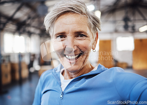 Image of Selfie, smile and fitness senior woman taking picture in the gym after exercise, workout or training having fun. Elderly, old and portrait of fit female happy for wellness and health on social media