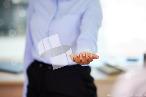 Image of Empty, hands and business woman offer, product placement or invisible design for ai, futuristic or 3d model in office. Professional person, employee or worker with hand gesture and mockup space