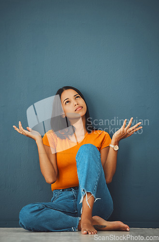 Image of Woman, thinking and question why in studio for doubt, ideas and decision on mockup background. Confused female model with shrugging, brainstorming and vision mindset of solution, choice and thoughts