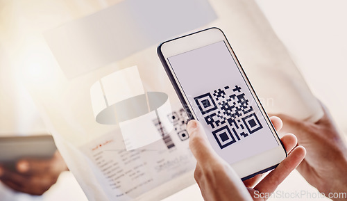 Image of QR code, delivery and phone screen for payment, package distribution and invoice. Mobile connection, barcode and courier shipping from online shopping, supply chain and easy digital fintech logistics