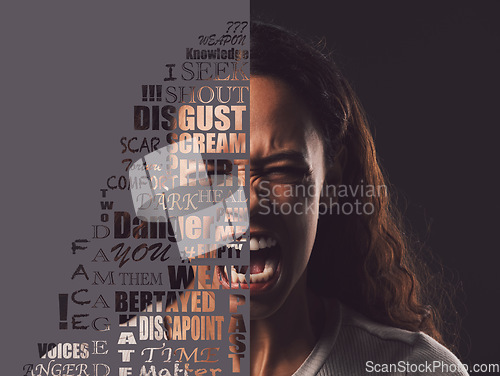 Image of Angry, protest and quotes or words by woman shouting or screaming isolated against a studio black background. Frustrated, annoyed and portrait activist loud for mental health, depression and anxiety