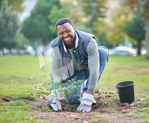 Image of Environment, portrait and black man plant trees in park, garden and nature for sustainability. Community service, soil gardening and smile for volunteering, sustainable growth and happy green ecology