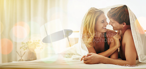 Image of Mockup, couple and romantic people in a bedroom in bright sunrise in the morning on a bed together in a home. House, apartment and lovers kiss, relax and calm bonding for care making eye contact