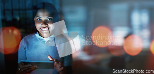 Image of Woman, tablet and night in office for portrait with analytics, research and development of vision. Happy developer, mobile touchscreen tech and data analysis for web design with mockup, focus or goal