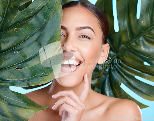 Image of Beauty, plant leaf and portrait of woman face happy about natural dermatology, cosmetics and makeup. Person with spa green skincare product benefits for self care, skin glow and facial with a smile